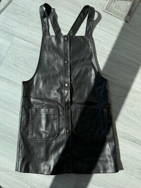Mango Black Faux Leather Mini Pinafore Dress with Front Snaps